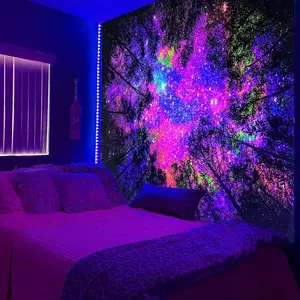 1pc Vibrant Mysterious Forest Night Scene Fluorescent Tapestry - Fantasy Galaxy Polyester UV Black Light Reactive Wall Hanging for Living Room, Bedroom, Office Home Decor, Party Deco with Free Installation Package and Easy Care