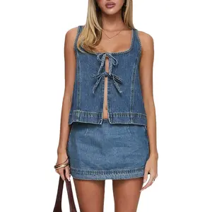 Women’s Two Piece Denim Outfits Sleeveless Tie-up Front Tops and Mini Skirt Set Clubwear Summer Jeans