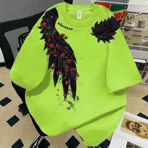 Fluorescent Green American Style Wing Print Cotton Short Sleeve T-Shirt Unisex Summer Loose Versatile Couple Half Sleeve Top Trendy shirts  men husky  clothes tees Casual Cross Print Sports Set one  anime  gym  shirts panthera  merch versatile wear