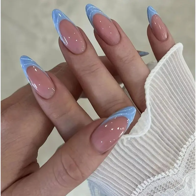 New Cross-Border Hot-Selling Fresh Style Nail Tips 3D Blue French Fish Tail Long Almond Wearable Nails Wholesale