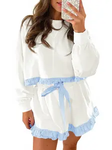 Aswulk Women's 2 Piece Lounge Sets Color Block Ruffle Cropped Sweatshirts Loose Drawstring Waist Shorts Sweatsuits