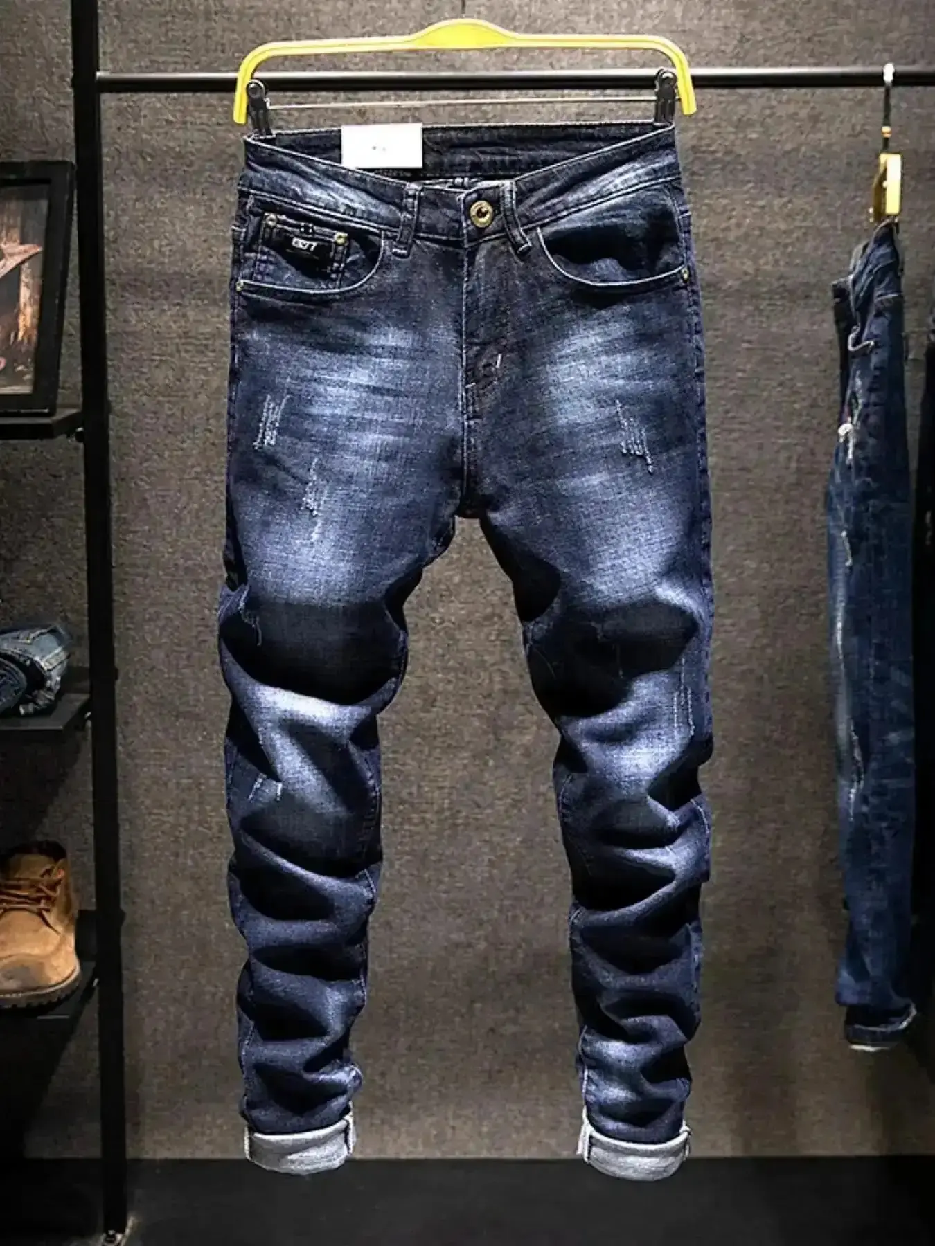 Men's Versatile Elastic Denim Plain Dark Wash Jeans, Korean Fashion Trend, Classic Slim Fit Skinny, Pants, Casual Clothing, Timeless Piece and Gift Idea, Streetwear, ModernClassic, EverydayLook, BasicStaple