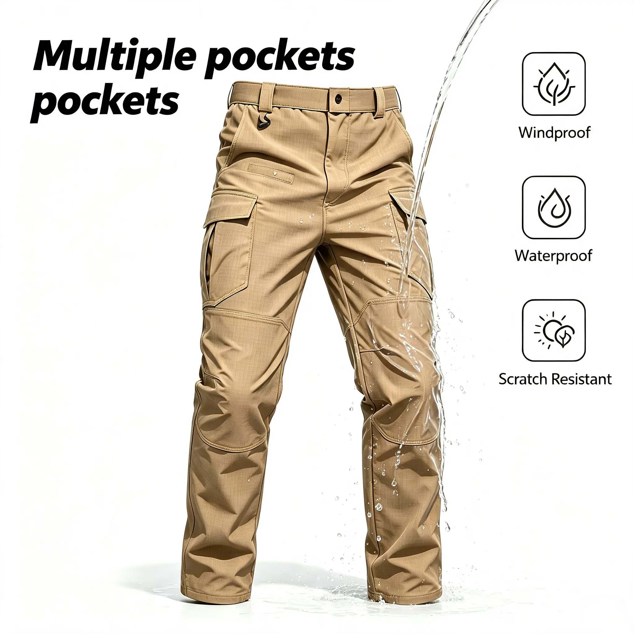 Men’s tactical cargo pants – rip-resistant, windproof, waterproof, scratch-resistant workwear with multiple pockets; non-stretch straight-leg long pants for outdoor hiking
