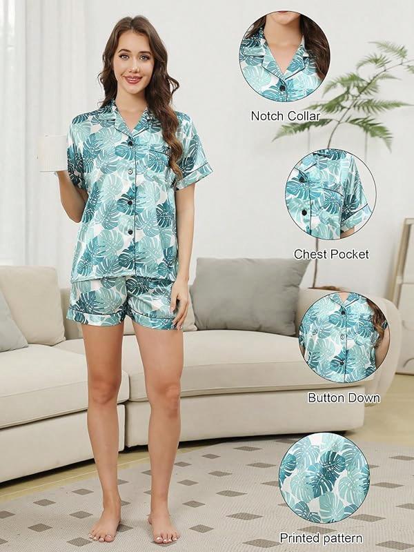 GAESHOW Silk Women Short Sleeve Button Down Sleepwear Loungewear 2 Piece Satin Pj SetsHalloween Christmas New Year - Light Green Leaf