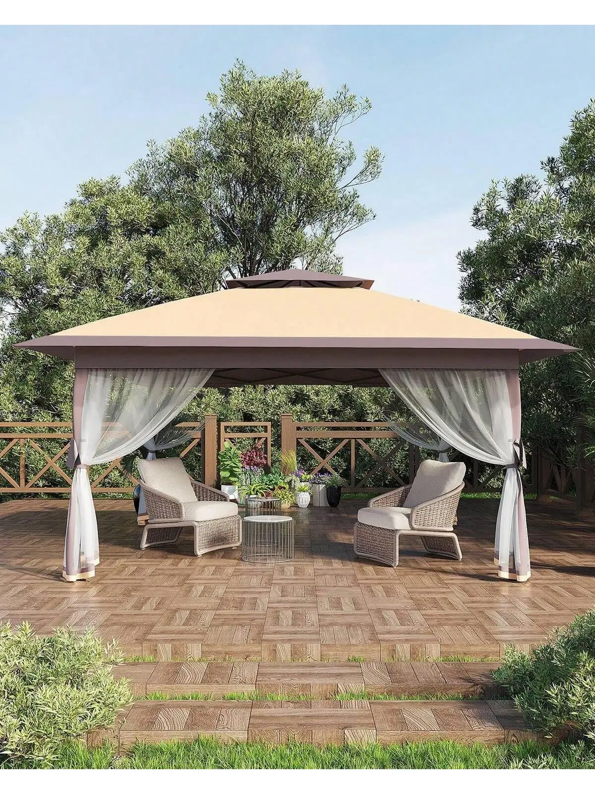 Gaomon 13x13FT Outdoor Canopy Shelter - Rustproof Thick Steel Frame, UV-Protective Sunshade, 4 Zippered Mosquito Net Walls, Wheeled Carry Bag, STO-N-Go Cover Bag for Backyard Party, Wedding (Khaki+Light Khaki), Four Zippered Mosquito Net Walls