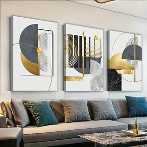 3pcs Set Of Framed Canvas Art- Large Gray, Black, And Golden Foil Geometric Art- Nordic Luxury Wall Decoration, Living Room, Bedroom, Bathroom, Modern Home Decor Gift Hanging Print Ornaments Artistic Photo