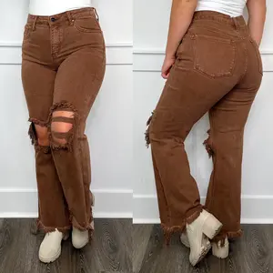 Risen Sabrina Distressed High-Rise Straight Leg Crop Espresso Jeans