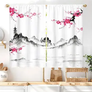 2-Panel Rod Pocket Blocking Curtains - 27.5W x 39L in Pink Sheer Vintage Floral Asian Landscape Drapes, Japanese Cherry Bloom Kitchen Cafe Tiers for Window & Bathroom Decor, Pink Sheer Curtains