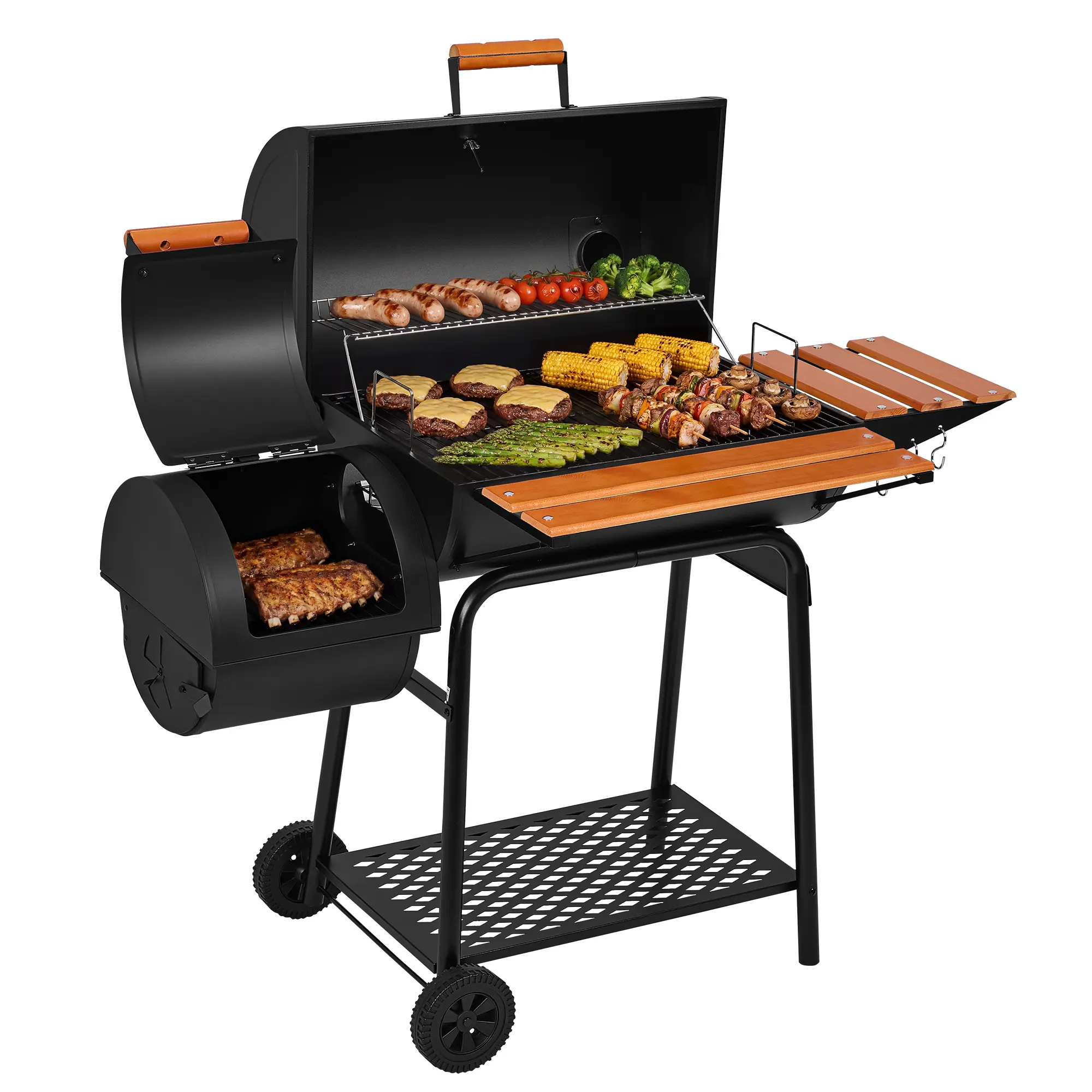 Royal Gourmet CC1830W Portable Charcoal Grill with Offset Smoker, 824 Sq. In. Large BBQ Pit, Wood Shelf with Hooks & Bottom Wire Shelf, Heavy Duty Outdoor Smoker on Wheels, for Backyard, Patio, Camping, Black Classic