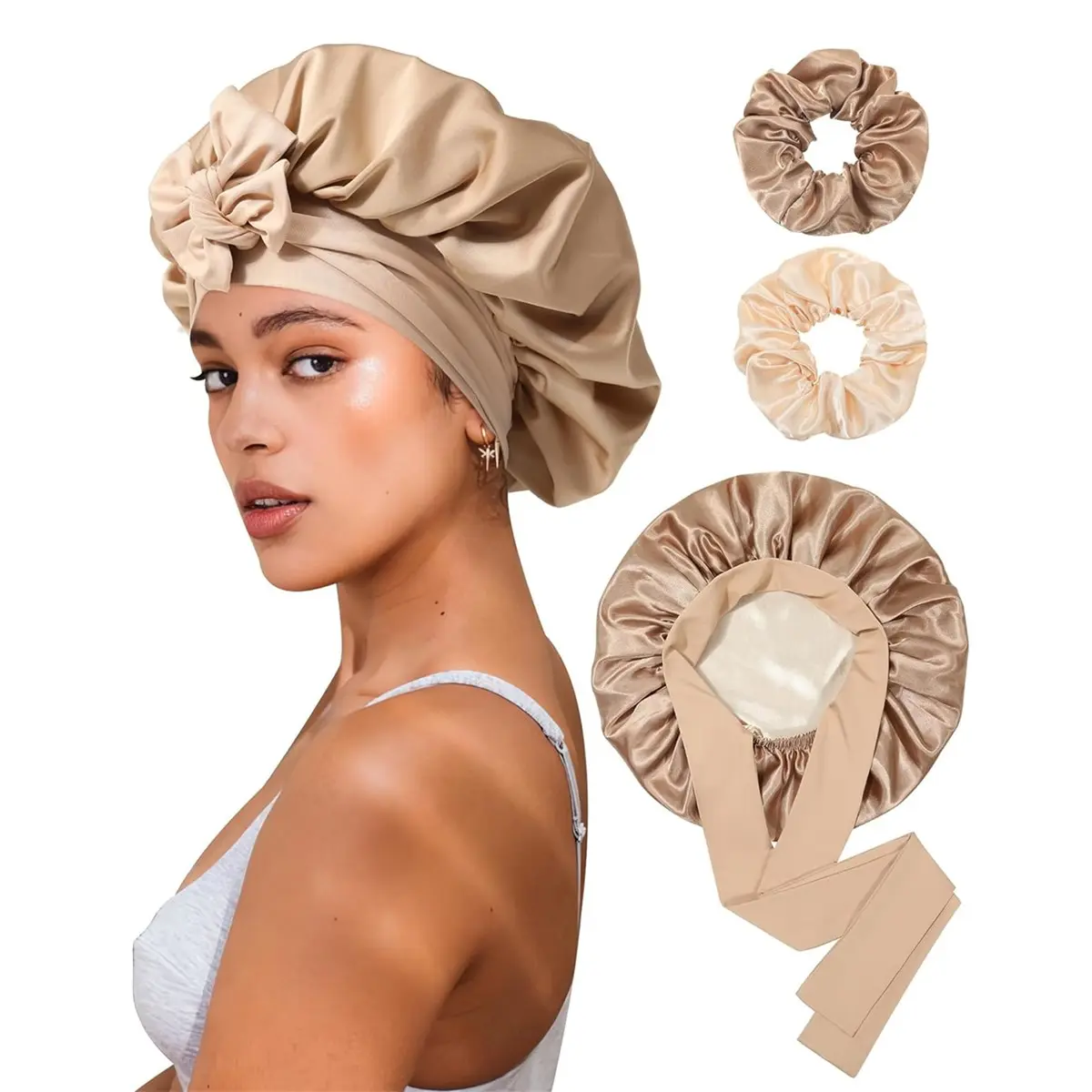 Brown-Champagne Bonnet + 2Pcs Scrunchies 