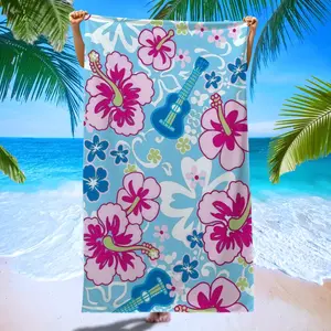 Hawaiian Ukulele Beach Towel, Light Blue Background Flower Print Tropical, Quick-Dry Absorbent Large Towel for Pool Party Yoga Summer Outdoor