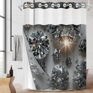 1pc hookless shower curtain with buckle lining, silver-white sparkling diamond design, 2D flat printing, waterproof fabric lining, see-through double-layer shower curtain, 71 x 74 inches, modern home draping curtain.