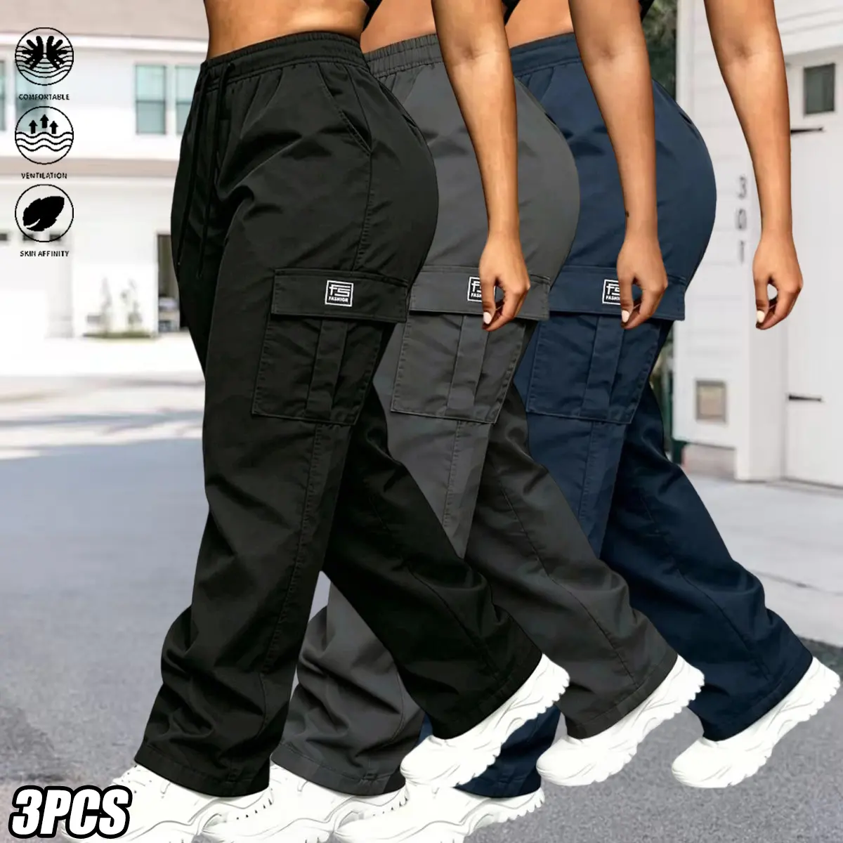 Women’s solid-color cargo pants set of 3, featuring an elastic waistband with stretch and practical pockets with large capacity for easier storage.Versatile women’s wear suitable for all seasons—ideal for everyday casual wear, outdoor outings, and workwea
