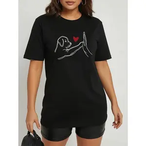 Women's Cute Dog High-Five Heart Print T-Shirt: Crew Neck Short Sleeve Soft Fabric, Breathable SS Wear, Daily Cute Style, Pet Lovers' Must-Have