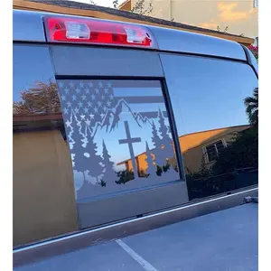 for 2009-2024 2025 2026 Dodge Ram Cross Mountain Forest American Flag Rear Window Decal, Matte Black Vinyl Truck Back Sliding Window Sticker, Patriotic Dodge Ram Exterior Accessories