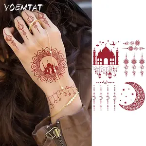 Brown Red Henna-style Waterproof Temporary Tattoo Sticker Moon & Mosque Design Body Art Arm Hand Foot Fake Tattoos Sleeve Women Men For Eid Festival & Girls Night Out