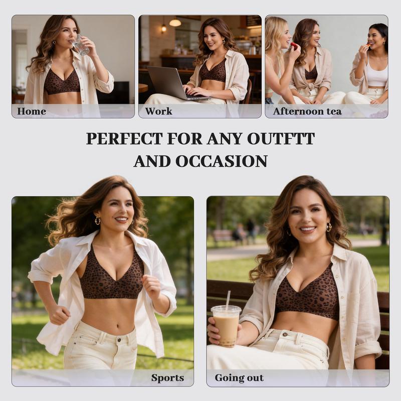 HULILY Wireless No Underwire Leopard Print Jelly Bra Everyday Comfort Push Up Seamless T-Shirt Bra with Minimizer & Adjustable Straps Fit Minimalist Fabric Womenswear Soft Fit Smooth Yarn Basic Lady Underwear