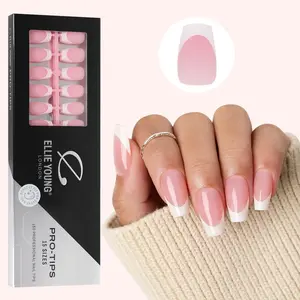 ELLIE YOUNG PRO-TIPS Medium Coffin White French Tips with Pink Base, 160pc Press-On Nails Kit – 16 Sizes, Matte Gel Acrylic Look, Soft Gel DIY Extensions