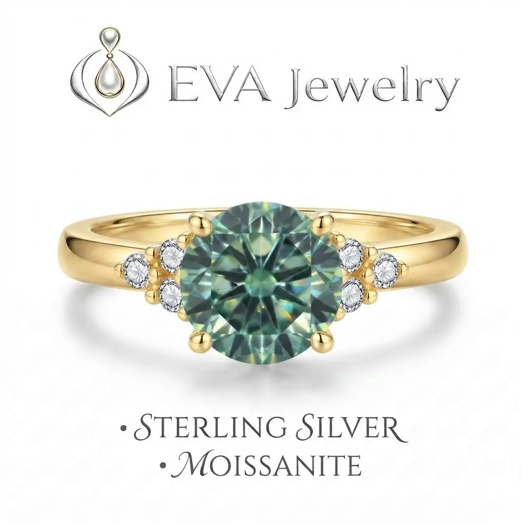 [EVA Jewelry] Green Stone 925 Sterling Silver Synthetic Moissanite Ring 3CT