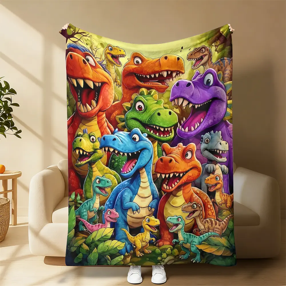 Vibrant Cartoon T-Rex Dinosaur Group Jungle Pack Print Fleece Throw Blanket, Multi-Color Roaring Dino Soft Plush Blanket For Bed Sofa Daily Nap, Jungle Nature Room Decor Blanket, Fun Birthday Holiday Gift For Boys Girls Dinosaur Lovers