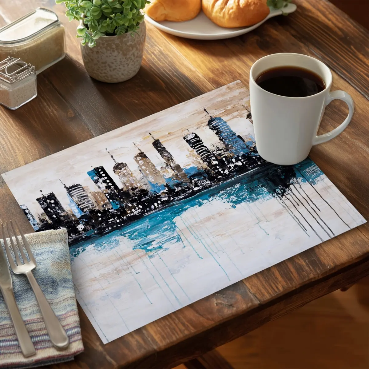 360 stand Polyester Tableware Placemat and Coaster Set, 14x18 in, Buildings on the Horizon Design, Stylish 6-Piece Set for Home Decor, Coasters Home Decor