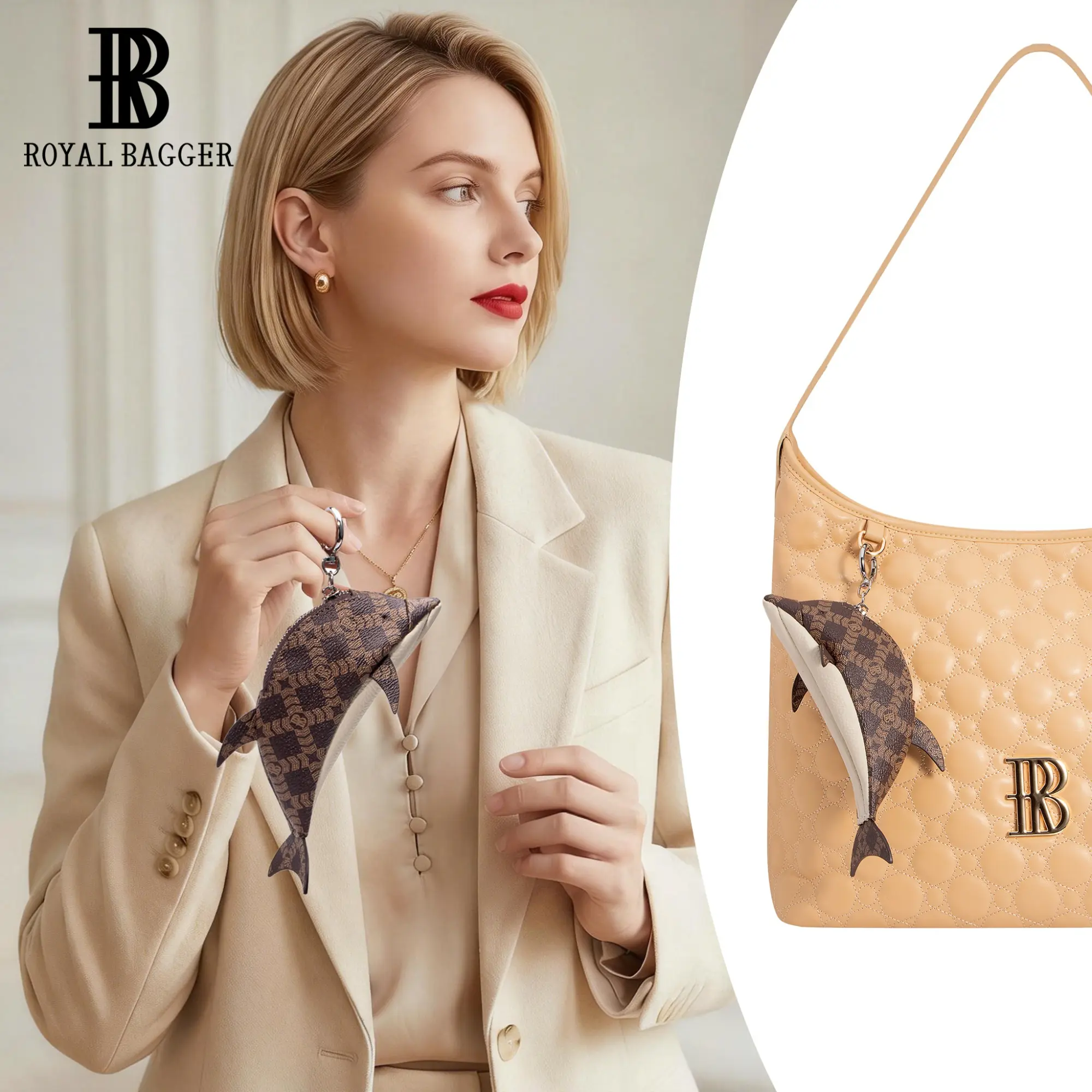 Royal Bagger Chic Monogram Print Coin Purse for Women, Cute Dolphin-Shaped Cow Hide Short Wallet with Zipper Closure