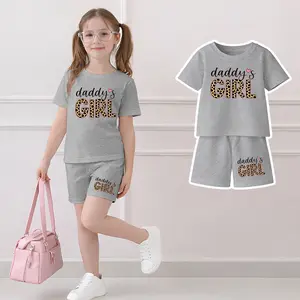 Girls' "Daddy's Little Sweetheart" Leopard Print And Letter Graphic Short-Sleeved T-Shirt And Shorts Set, A Casual Summer Outfit For Children, Featuring A Comfortable Round Neck Design, Suitable For Everyday Wear And Outdoor Activities.