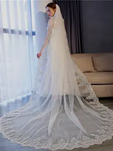 Vintage Long Wedding Veil, Single Layer Sheer Tulle with Lace Trim, Trailing Bridal Headpiece with Hair Comb, Premium Wedding Accessory