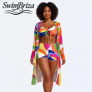Briza｜High Waisted Tummy Control Color Block Two Piece Bikini Set with Boyshort Bottoms and Long Sleeve Rash Guard Cover Up Swimsuit for Women Beach Pool Summer, Women's Swimwear, Bathing Suit for Women, Two Piece Bathing Suit, Rash Guard Swim Shirt