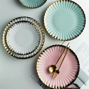 Nordic Creative Ceramic Chrysanthemum Plate Light Luxury Dinner Plate 8 Inch Pink Irregular Shape Color Glaze Tableware Set for Kids Porcelain Small Fresh Aesthetic Blue