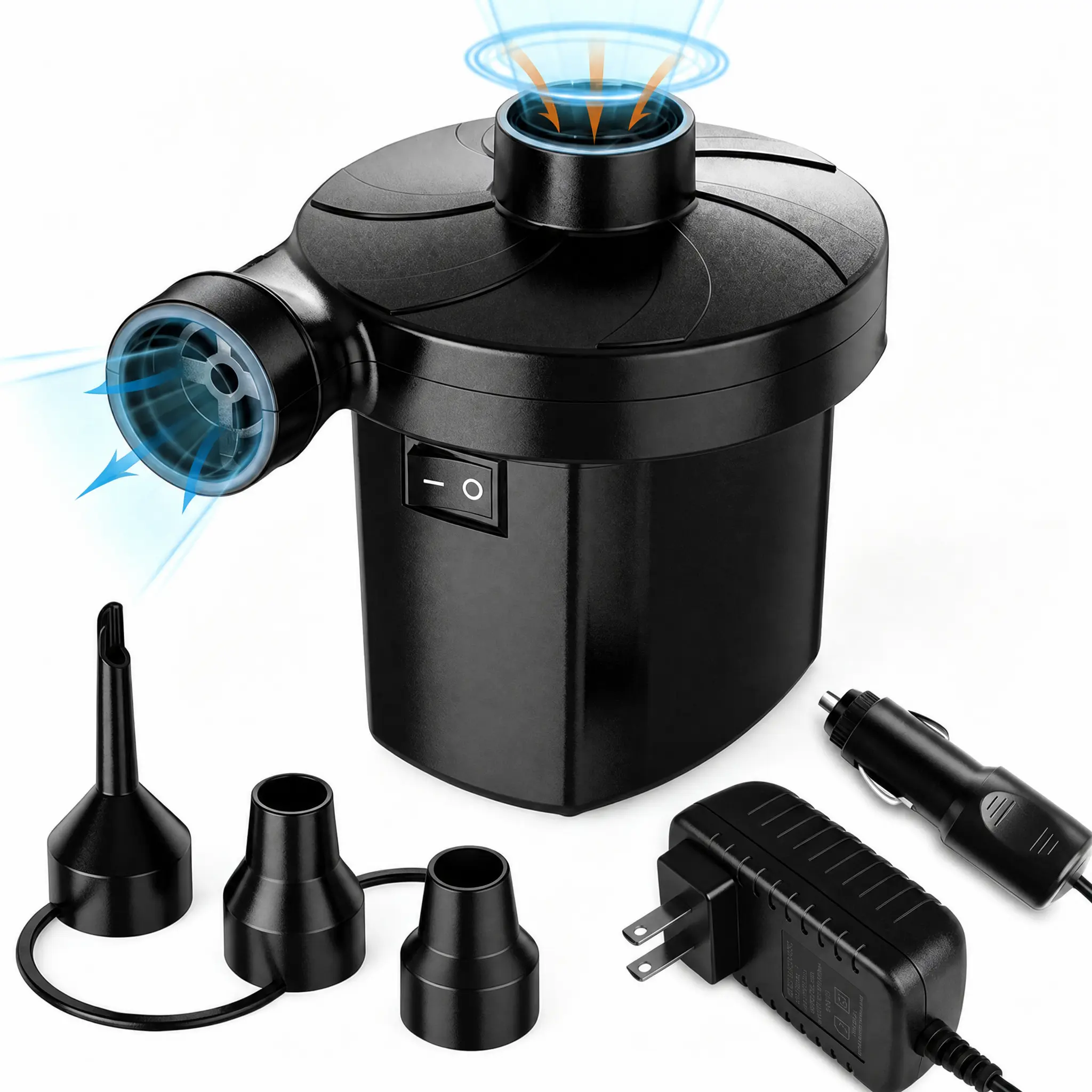 Portable Electric Air Pump for Inflatables, Quick-Fill Air Pump with 3 Nozzles, 110-120V, Inflator & Deflator Pumps for Outdoor Camping, Air Mattress Beds, Boats, Inflatable Cushion, Couch, Pool Floats