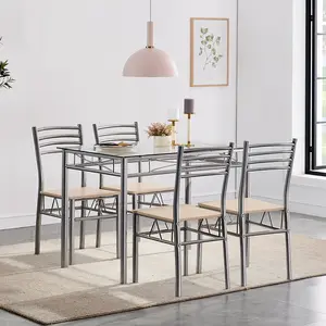 VECELO 5-Piece Dining Table Set Kitchen Table And Chairs Sets For 4 Metal And Glass Tabletop Rectangular Dinette Sets For Kitchen, Breakfast,Dining Room,Living Room
