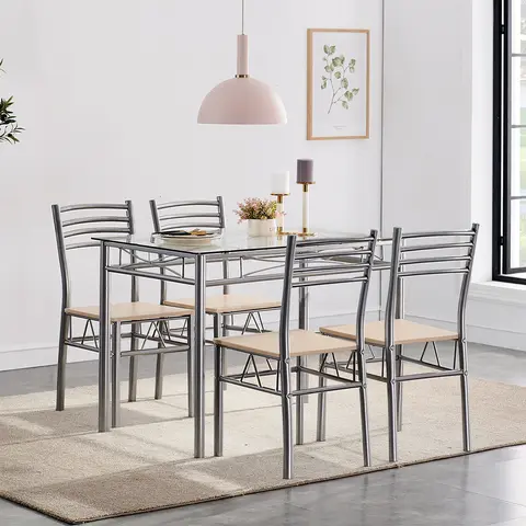 VECELO Modern 5-Piece Sturdy Steel & Glass Rectangular Dining Table Set of 4 - 4-Seat Ease Apartment Furniture, 43x27.5in Compact for Small Spaces Kitchen Breakfast Use