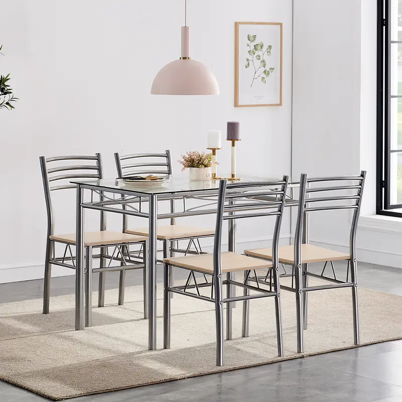VECELO Modern 5-Piece Sturdy Steel & Glass Rectangular Dining Table Set of 4 - 4-Seat Ease Apartment Furniture, 43x27.5in Compact for Small Spaces Kitchen Breakfast Use