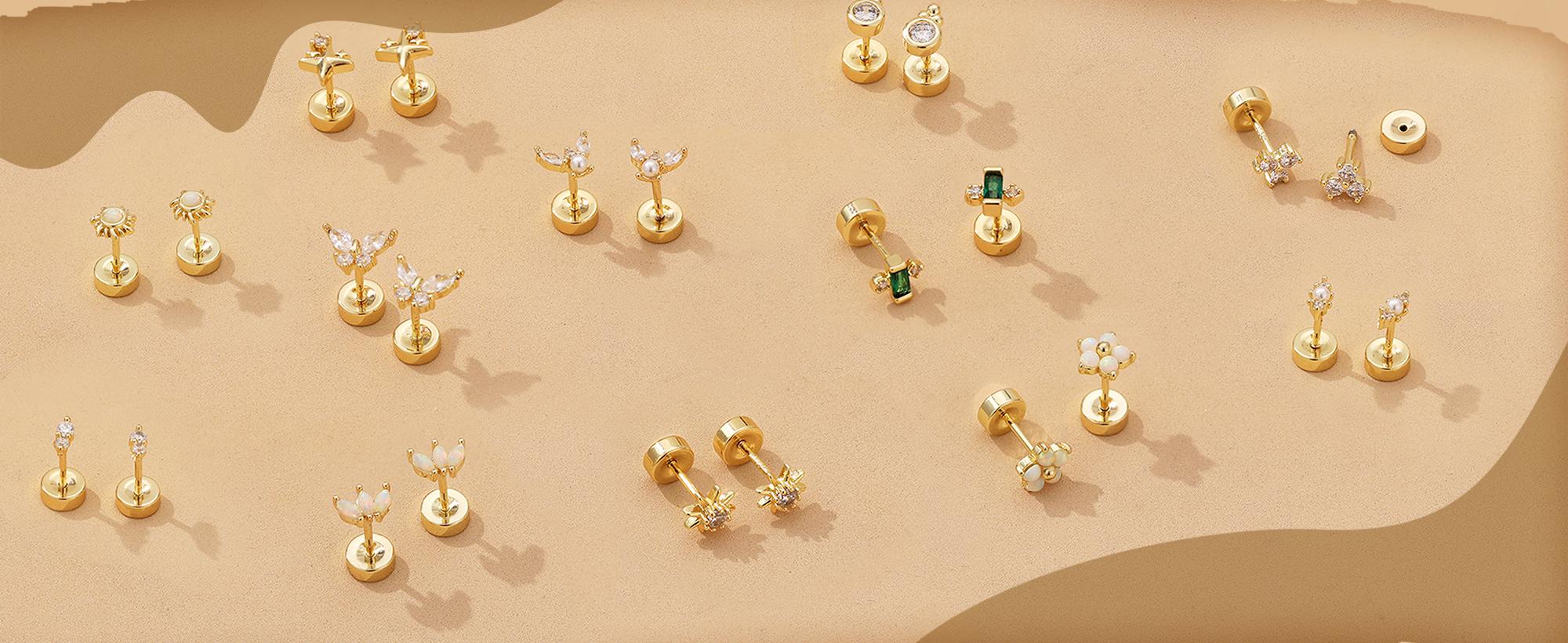 ORAZIO 925 Sterling Silver Flat Back Stud Earrings for Women Hypoallergenic 14K Gold Plated Cartilage Earrings for Sensitive Ears Small CZ Opal Conch Helix Tragus Piercing Jewelry 3 Pairs 20G