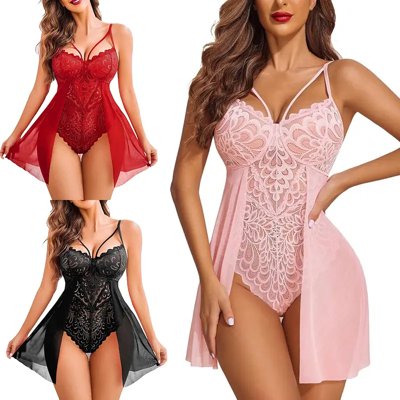 Women Lace Lingerie Mesh Embroidery Sheer Babydoll Spaghetti Strap Scallop Trim V Neck Teddy One Piece Bodysuit