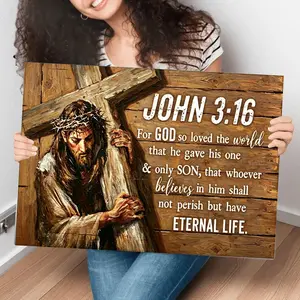John 3:16 Canvas Wall Art - "For God So Loved The World" Christian Religious Scripture Print, Inspirational Bible Verse Artwork featuring Jesus Christ, Cross, and Crown of Thorns, Modern Home Decor Gift