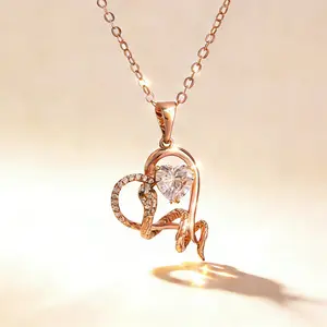Edgy Romantic Snake Heart Pendant Necklace Rose Gold Plated Hypoallergenic with Cubic Zirconia & Green Gemstone 50cm Chain