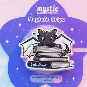 Book Dragon Magnetic Phone Grip: Cute Dragon on Stack of Books Phone Holder, Kawaii MagSafe Grip, Perfect Gift for Book Lovers