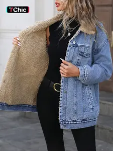 Women's Fall Winter Casual Long Sleeve Jacket, Elegant Solid Color Stand Collar Thick Warm Denim Coat, Versatile Outerwear for Women
