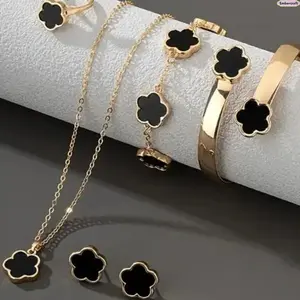 Lucky Flower 5PCS Jewelry Set for Women, Floral Necklace Ring Bracelet Earrings Set, Elegant Dainty Accessories for Party, Vacation, Wedding and Gift Giving