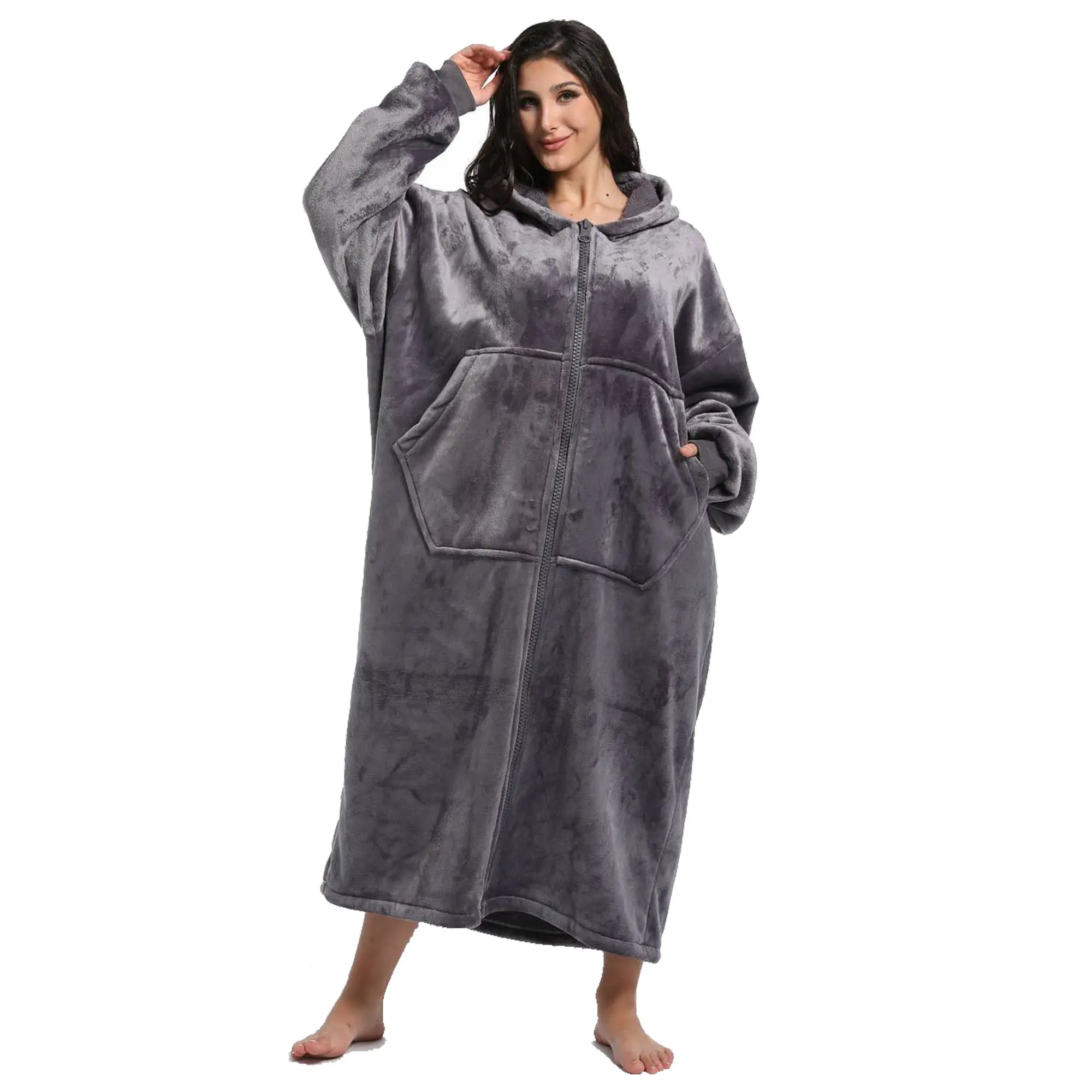 REDESS Flannel Lambswool Lined Hooded Robe Long Warm Home Robe with Pockets Suitable for Home and Outdoors Unisex Piece Fit Baggy Clothes