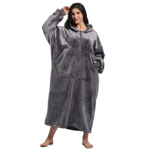 REDESS Flannel Lambswool Lined Hooded Robe Long Warm Home Robe with Pockets Suitable for Home and Outdoors Unisex Piece Fit Baggy Clothes