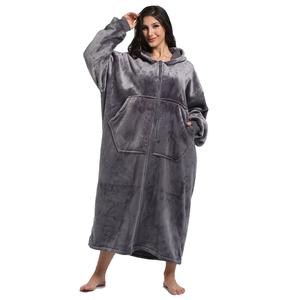 REDESS Flannel Lambswool Lined Hooded Robe Long Warm Home Robe with Pockets Suitable for Home and Outdoors Unisex Piece Fit Baggy Clothes