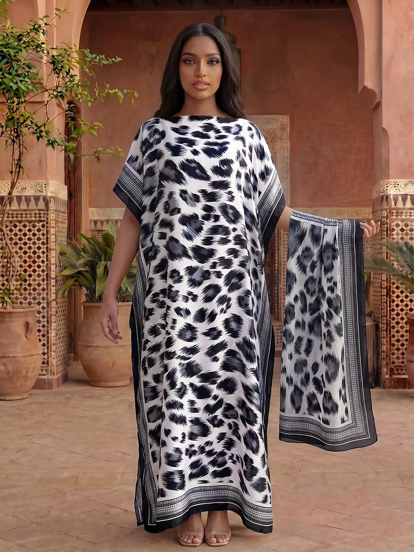Elegant Leopard Print Shawl Set, Fitted Casual Style, All-Season Sun Protection, Silk-Like Material, Beach & Sand Coverage, Beach Coverups