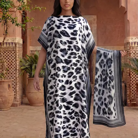 Women's 2-Piece Leopard-Print Kaftan and Scarf Set, Loose-Fit Silky 100% Polyester Beach Cover-Up Swimsuit Coverup for Summer, Elegant Casual Resort Wear