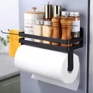 Magnet Paper Towel Holder for Refrigerator, 2-in-1 Black Spice Rack Organizer Strong Magnets, Kitchen Roll Holder with Storage Shelf and 2 Hooks, Heavy Duty
