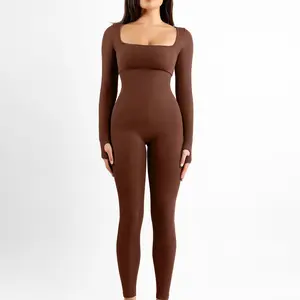FeelinGirl # Giveaway The Jumpsuit Seamless Thumb Hole Square Neck Long Sleeve Soft Basic Womenswear Nylon Fabric Simple
