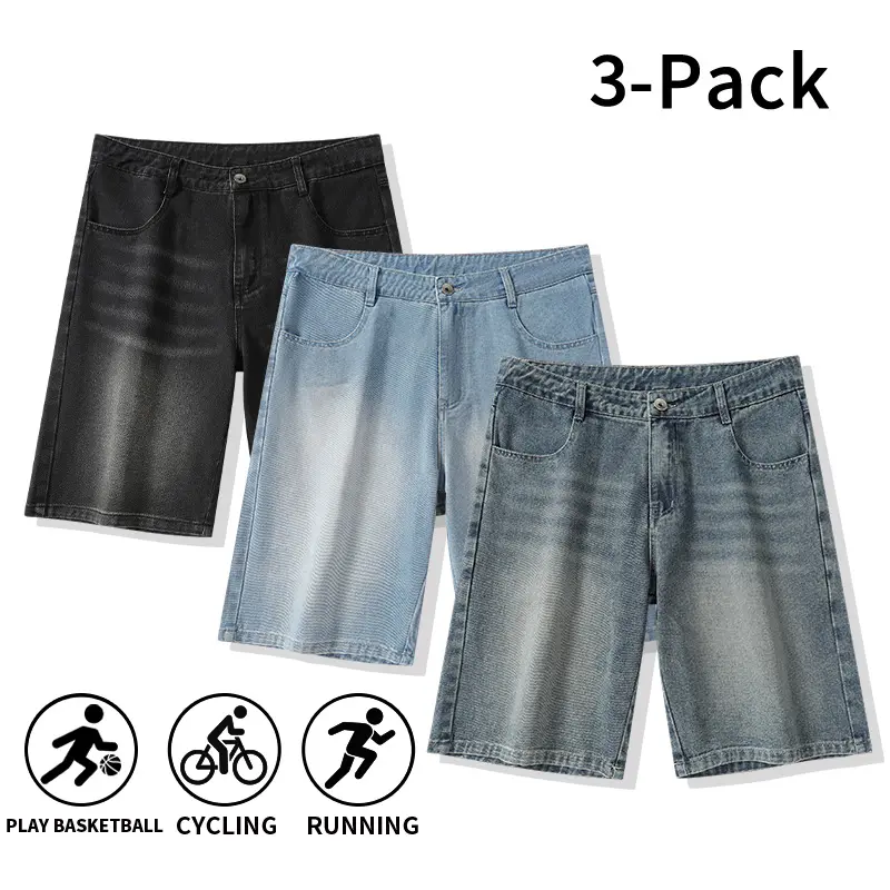 Men's 3-Pack Stylish Casual Baggy Jorts, High-Waist Wide-Leg Knee-Length Denim Shorts, Button-Zipper Closure, Vintage Washed, Menswear Jeans Bottoms for Basketball, Weekend Hangout, Set