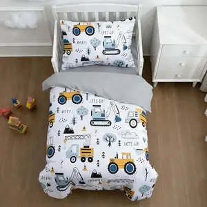 4 Pieces Construction Toddler Bedding Set for Baby Boys,Tree Truck Vehicles Excavator Cars Printed, Includes Comforter, Flat Sheet, Fitted Sheet and Pillowcase,Light Grey